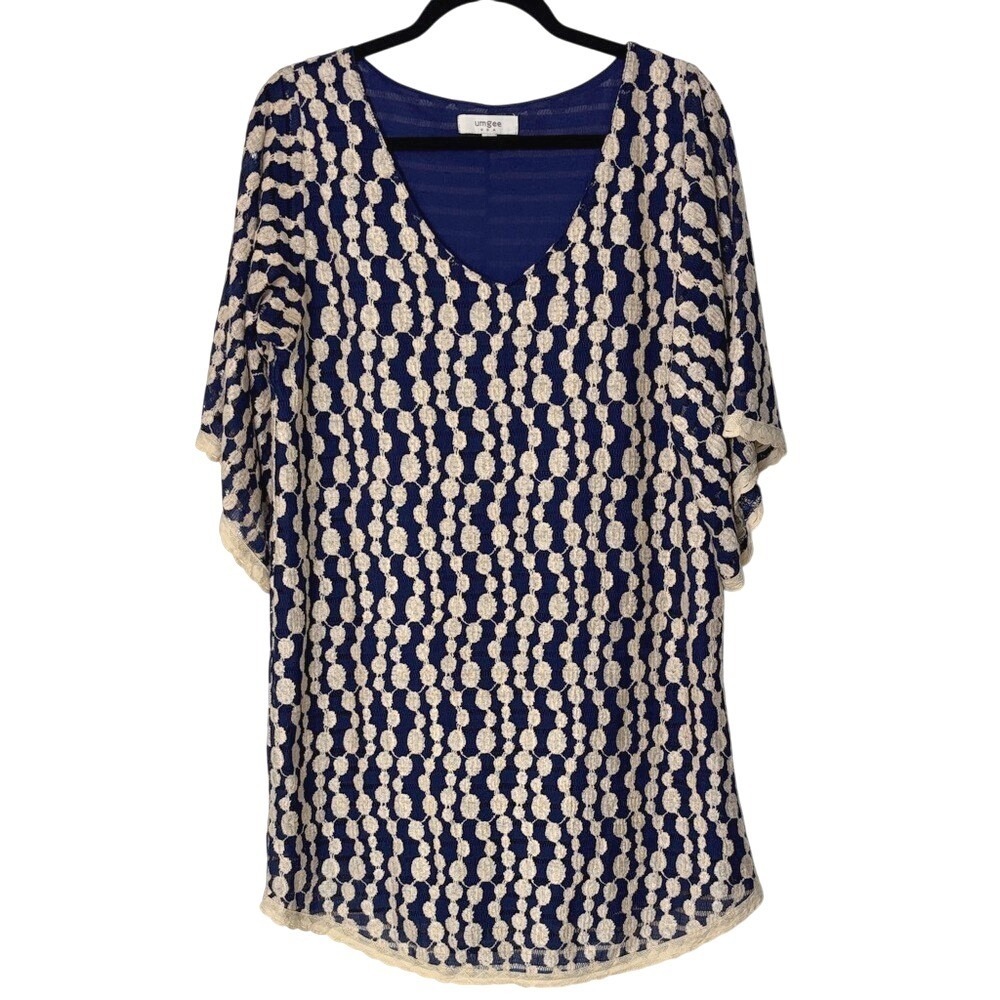 Umgee USA Navy Beige Lace Textured Dot Tunic Dress Lined Boho Size Large‎